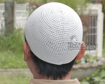 Islamic Kufi Skull Cap – White Hand-crocheted Cotton Muslim Prayer Hat | Soft Comfortable Taqiyah for Salah & Eid Gift