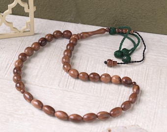 Muslim Prayer Kuka Beads – 33-Bead 12x10mm Shiny Handmade Islamic Dhikr Misbaha – Islamic Sufi Prayer with Green Yarn Stops Gift Boxed