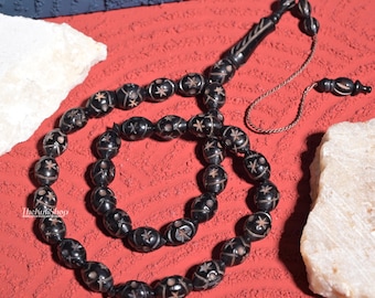 Limited Edition echte zwarte kameelbot 33 kraal Tasbih - gegraveerde ovale gebedskralen 10 x 14 mm handgemaakte islamitische rozenkrans geschenkverpakking