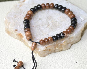 Handcrafted Kuka Bracelet Tasbih – 33 Brown & Black Beads, Adjustable Dhikr Prayer Beads