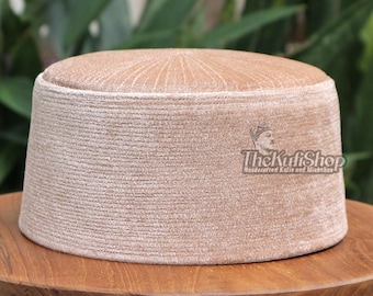 Tan Rigid Muslim Kufi Prayer Hat - Handcrafted High-quality Turkish and Chenchen-style Kufi Cap | Islamic Men Head Cover for Eid or Jumaah