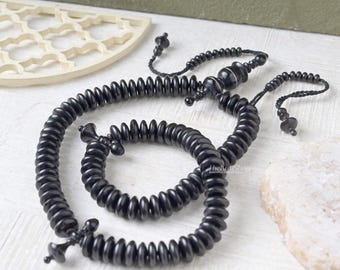Handcrafted Black Wood Rosary 100 Beads - 6x13mm Slim Disc Shape - Authentic Wooden Tasbih with Ring Alif and Durable Black String
