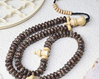 Lieuwung Wood Tasbih 99ct - Handcrafted Natural Dark Brown 5x11mm Oval-shaped Wooden Beads - Muslim Rosary Gift Box