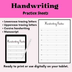 Può includere: Uno sfondo rosa con le parole "Handwriting Practice Sheets" in nero. L'immagine mostra un tablet con uno stilo e un foglio di esercizi di calligrafia stampato. Il testo sull'immagine include "Lowercase tracing letters", "Uppercase tracing letters", "Cursive handwriting" e "Manuscript".