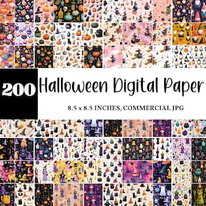 May include: A collection of 200 Halloween digital paper designs. The patterns include pumpkins, witches, cats, and other spooky elements. The paper is 8.5 x 8.5 inches and is a commercial JPG.
