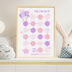 以下が含まれることがあります： ユニコーンのイラストが描かれた、進捗状況を追跡するためのピンクと紫の円が特徴の、額入りの報酬チャート。「YOU CAN DO IT!」と「YOU DID IT!」の文字が表示されています。星型の風船も表示されています。