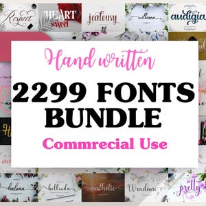 May include: A digital product image showcasing a bundle of 2299 handwritten fonts. The text "Hand written" and "FONTS BUNDLE" are in pink and black, respectively. The words "Commercial Use" are also visible.