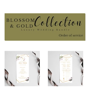 Könnte beinhalten: Eine Hochzeits-Ordnungskarte mit einem goldenen geometrischen Rahmen und floralen Akzenten. Die Karte zeigt die Namen "Alex & Mark" und den Text "The Bridal Party".