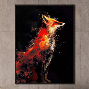 Majestic flaming fox abstract painting vintage animal art red fox print moody dark academia decor fox canvas wall art home office decor