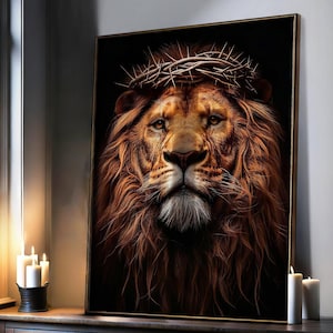 Lion of judah painting, jesus is king, jesus art, lion with crown, christian wall art, faith art, bible verse art, christian wall decor