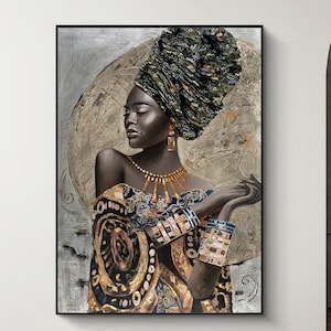 Abstract African Woman Canvas Art: Gold & White Portrait