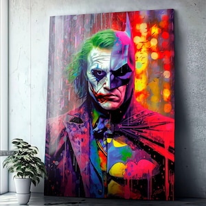 Bat vs joker portrait pop art graffiti mural poster, modern wall art, framed movie poster, street art joker movie canvas print