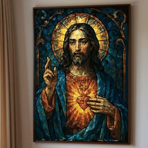 Sacred Heart Jesus Stained Glass Art Print | Religious Home Decor