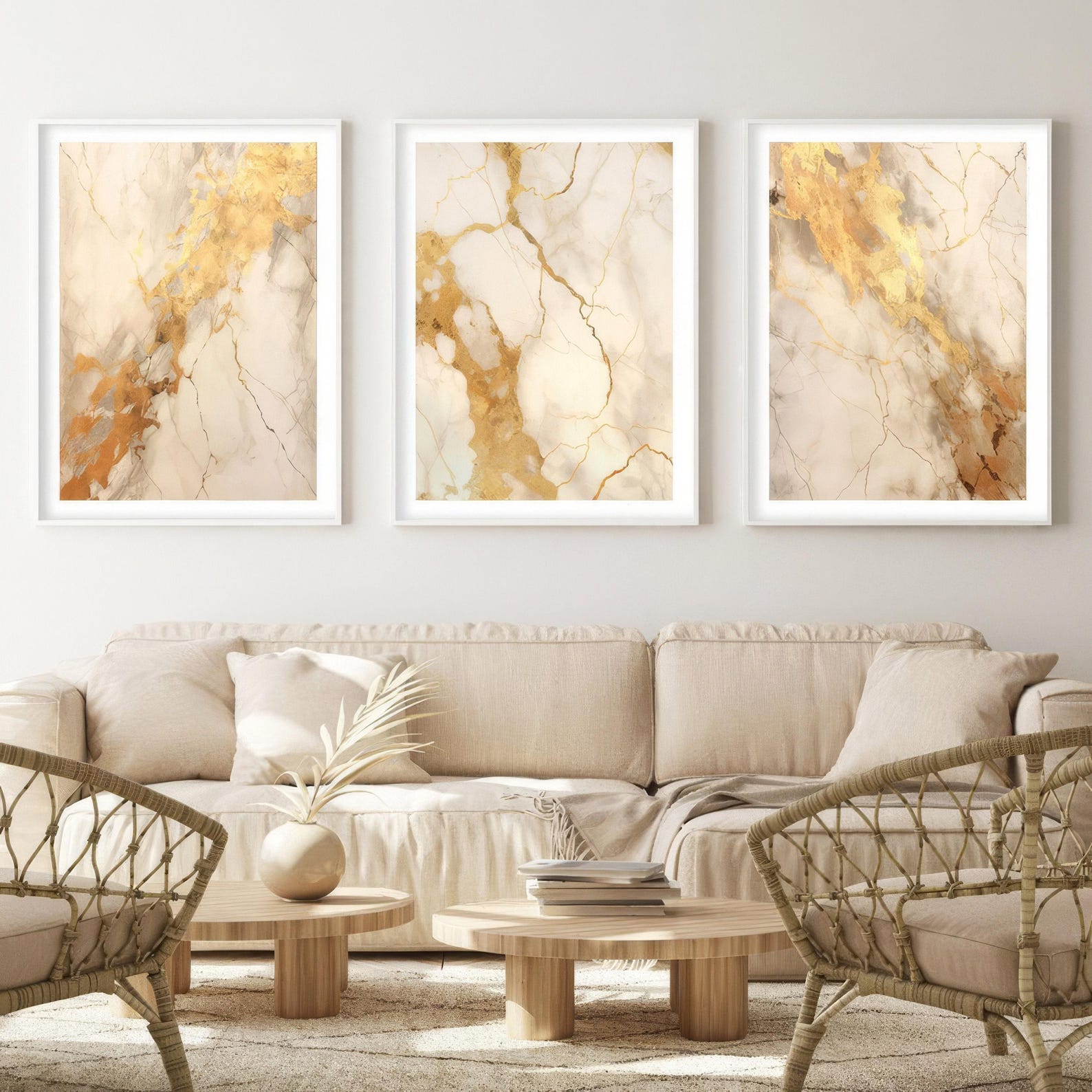 Beige Gold Abstract Wall Art Set of 3 Prints Neutral Nordic Prints ...