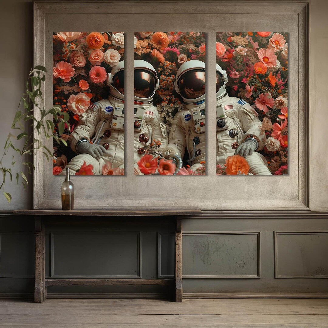 Space Art, Nasa Astronaut Couple Canvas Wall Art, Flowers and ...