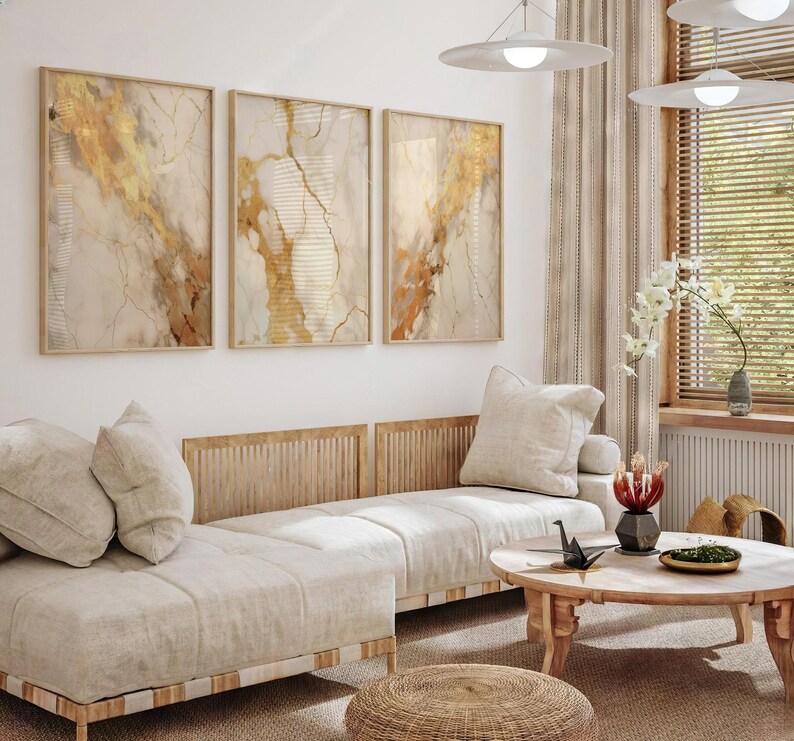 Beige Gold Abstract Wall Art Set of 3 Prints Neutral Nordic Prints ...