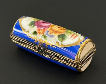 Vintage handbemalte Porzellan Schmuckschatulle | RD Porcelana Manufactura 1993 | Blaue Floral Nadeldose