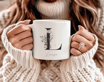 Personalized Floral Mug with Name | Custom Initial Coffee Mug with Black & Gold Design | Perfect Gift for Her