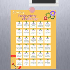 May include: A yellow printable 30-day productivity challenge chart with green and purple gears in the top right corner. The chart is divided into 30 squares, each with a day number and a productivity challenge. For example, Day 1 is "Set clear goals for the month", Day 2 is "Write your to-do list for the day", and Day 3 is "Prioritize your tasks to improve your efficiency and urgency."