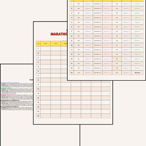Könnte beinhalten: Ein 16-wöchiger Marathon-Trainingsplan mit einer Tabelle, die Spalten für Woche, Tag, lockerer Lauf, Crosstraining, Tempodauerlauf, langer Lauf und Renntag enthält.