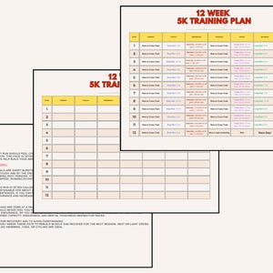 May include: A 12-week 5K training plan for intermediate runners. The plan includes a schedule with weekly workouts, including easy runs, interval training, tempo runs, and long runs. The plan also includes rest days.