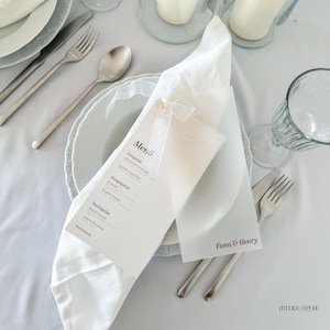 Eleganti menù trasparenti per matrimonio con fiocco, menù e segnaposto – Personalizzabili e minimalisti