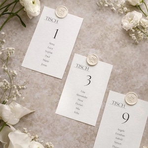 Plattegrondkaartjes voor de tafelschikking op een bruiloft met lakzegel | Tafelschikkingkaartjes op getextureerd papier A6 | Plattegrondkaartjes voor de tafelschikking op een bruiloft | Gepersonaliseerd