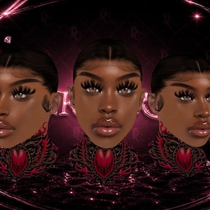May include: Digital artwork showing three stylized female faces with dark skin, full lips, and long eyelashes. Each face has a decorative neck piece with a heart design. The background is dark with pink accents, diamonds, and a glowing effect.