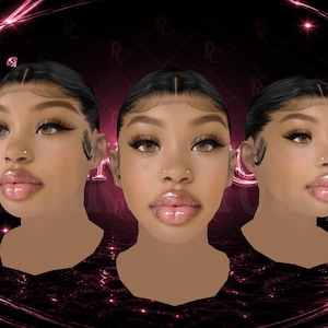 May include: Three stylized portraits of a person with dark hair, brown eyes, and full lips. The portraits are set against a black background with pink diamond and star accents. The person has a nose ring and is wearing makeup.