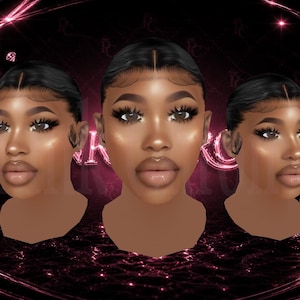 May include: Three stylized portraits of a woman with dark skin, dark hair, and full lips. The portraits are set against a black background with pink diamond and light accents. The woman has dramatic eye makeup.