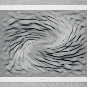 May include: A black and white photograph of a swirling pattern in sand. The pattern is reminiscent of a vortex or a whirlpool.