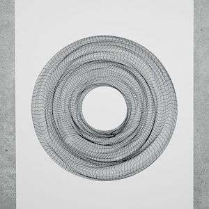 May include: A black and white abstract print of a circular design with concentric circles and a grid pattern.