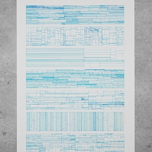 May include: A blue and white abstract art print titled "Allocation" with the number "45". The print features a series of geometric shapes and lines.