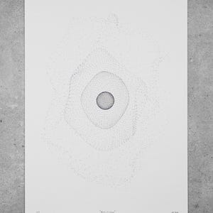 May include: Monochrome artwork on white paper. The piece features a central dark circle surrounded by concentric, dotted patterns that expand outwards. The word "Tradition" is written at the bottom. The artwork is displayed against a grey background.