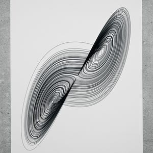 May include: Black and white abstract line art print with the text "Strange Attractor".