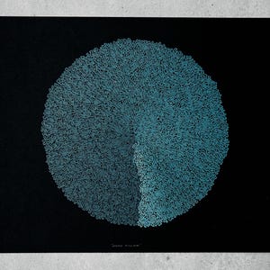 May include: A teal blue circle made of small lines on a black background. The circle is made up of many small lines that create a textured effect. The circle is centred on the image.