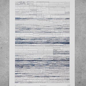 May include: A black and white abstract art print featuring a geometric pattern of lines and rectangles. The print is titled "Blue Noise" and is numbered 14/25.