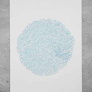 May include: A blue and white abstract print of a circle with a swirling pattern. The print is titled "Manicura" and numbered 1/20.