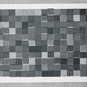 May include: Black and white abstract geometric pattern print featuring a grid of squares and rectangles. The pattern is made up of different shades of grey and black lines.