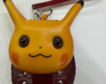 Monedero de cuero genuino hecho a mano, cartera de cuero de Pikachu con cadena