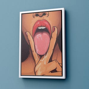 Sexy Woman Pop Art, Seductive Woman Framed Canvas, Woman Sticking Tongue Wall Art, Sexy Lips Rolled Canvas, Wet Woman, Gold Framed Canvas