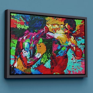 Peut inclure: Peinture abstraite de deux boxeurs sur un ring, avec des couleurs vives de rouge, bleu, vert, jaune et orange. La peinture est encadrée en noir.