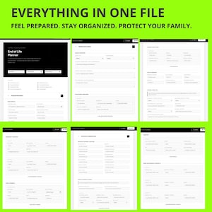 Op de afbeelding: Een digitale End of Life Planner met meerdere secties voor persoonlijke, medische en financiële informatie. De interface is zwart en wit. De tekst "EVERYTHING IN ONE FILE" en "FEEL PREPARED. STAY ORGANIZED. PROTECT YOUR FAMILY." staat bovenaan.