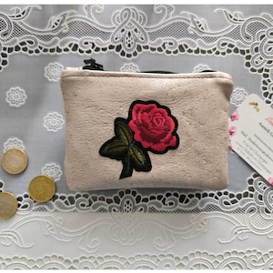 Portefeuille en Liège Végan Blanc et rouge avec Patch Rose Rouge – Fait Main, Éthique & Durable