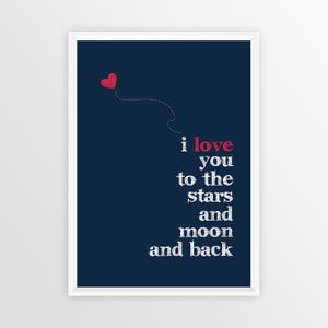 A3 Poster I love you to the stars and Moon Navy with red