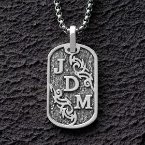 Custom Celtic Three Initial Dog Tag Pendant Necklace Gift for Him Sterling Silver Mens Bold Amulet Unique Keltic Designe Gift for Boyfriend