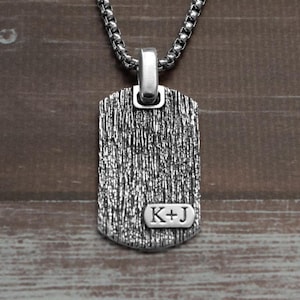 Personalized Initial Tree Bark Pendant Necklace Gift for Him, Mens Two Letters Tag Pendant SIlver, Unique Family Meaningful Gift for Husband