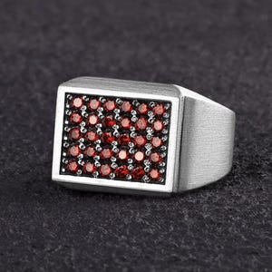 Garnet Signet Ring for Men in Sterling Silver Red Stone Pinky Ring Rectangle, Mens Custom Gemstone Signet Ring Solid Back Old Money Gift