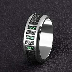 Emerald Bold Wedding Band for Him Unique Artisan Handcrafted Band Solid Sterling Silver 7mm Ring with Green Gemstones Gift for Husband