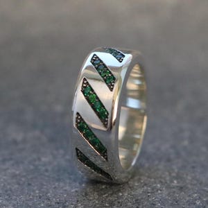 Mens Emerald Wedding Band Inlaid Green Gemstones on a Polished Sterling Silver Ring Band Minimalist Design Modern Classic Style